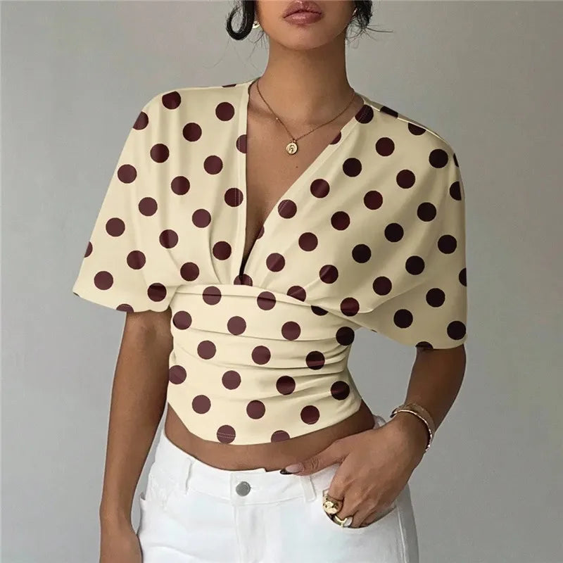 Women Y2K Polka Dot Print Deep V Neck Crop Top Batwing Short Sleeve Ruched Waist Slim Fit Casual Summer Streetwear