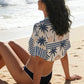 Women's Summer Crop T-Shirt Casual Loose Fit Stylish Seashell Coconut Tree Print Striped Crew Neck Short Sleeve Tops