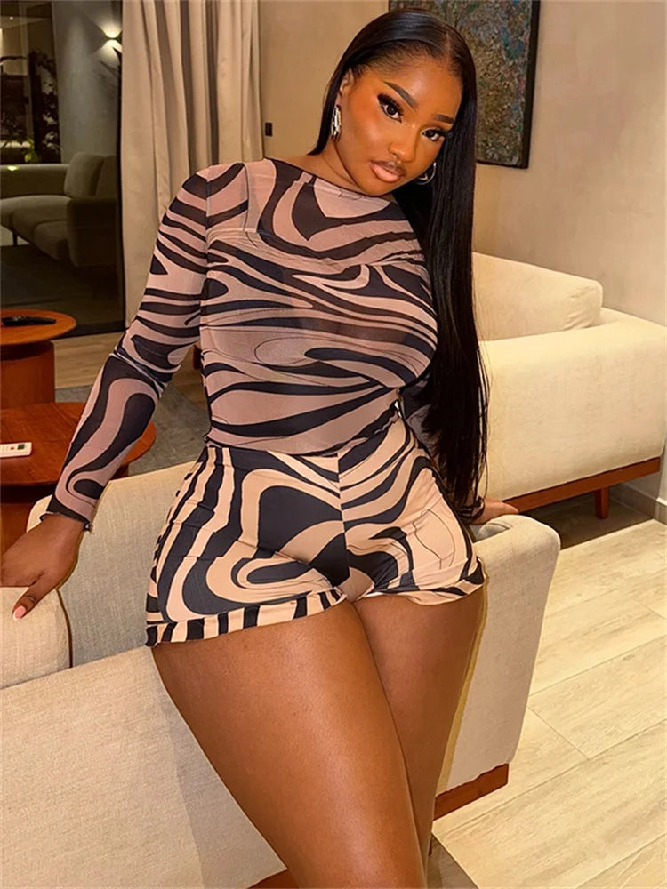 2 Piece Set Striped Print Mesh Women Full Sleeve O-neck T-shirts+Ruffle Trim Shorts Female New Fashion Chic Clubwear