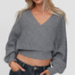 Women's Wrap V Neck Sweaters Tops Street Long Sleeve Tie-up Back Solid Color Knit Tops Pullovers Winter Fall Knitwear