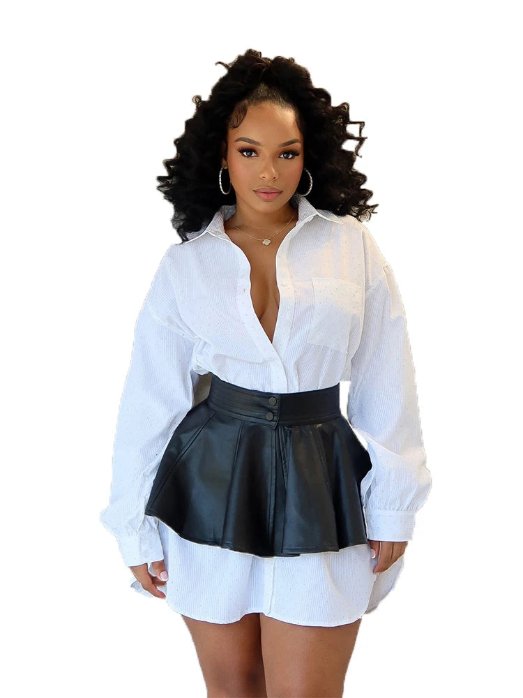 Contrast Casual 2 Piece Set Women Rhinestones Single-Breasted Puff Sleeve Shirt+High-Waisted Leather Mini Skirts Suit