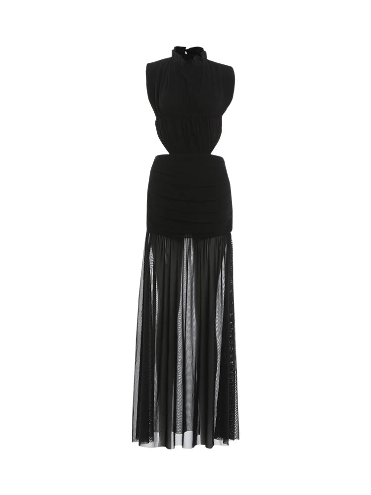 Sexy See Through Long Dress Woman Stand Collar Lace-Up Backless Robe Prom Party High Waist Ruched Elegant Vestidos