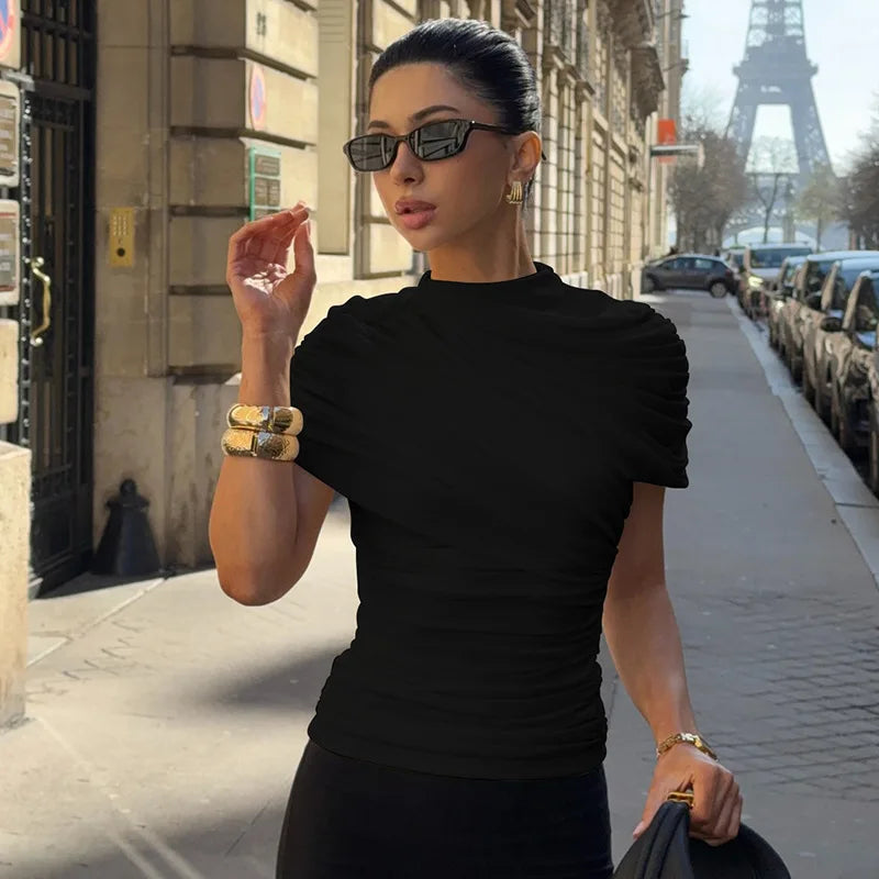 Fashion Asymmetric Ruched Top Women T Shirts White Black Summer Clothing 2026