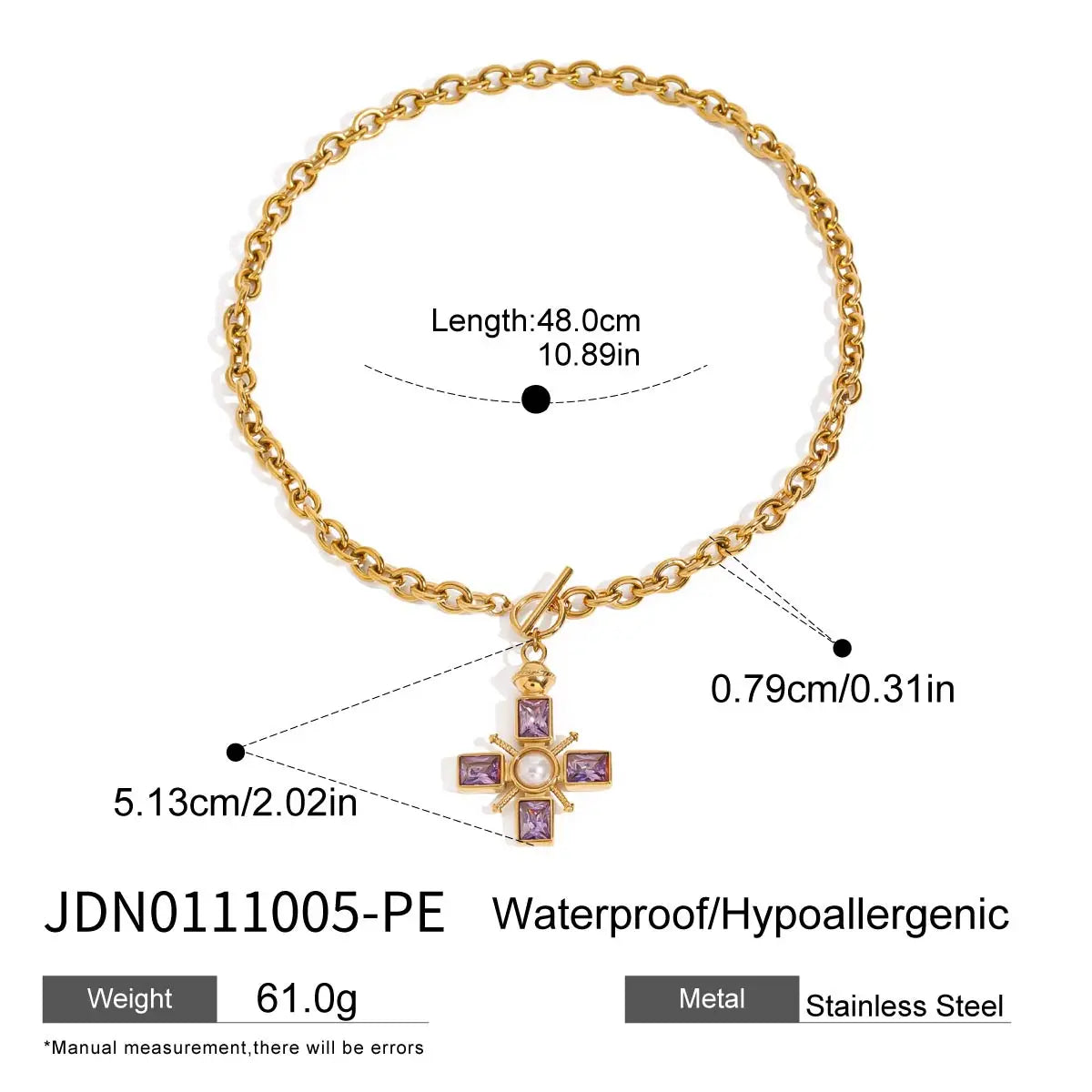 Y2K Patchwork Chain Design Stainless Steel Necklace Paperclip + Glossy Pentagram Cross with Zirconia Pendant Necklace