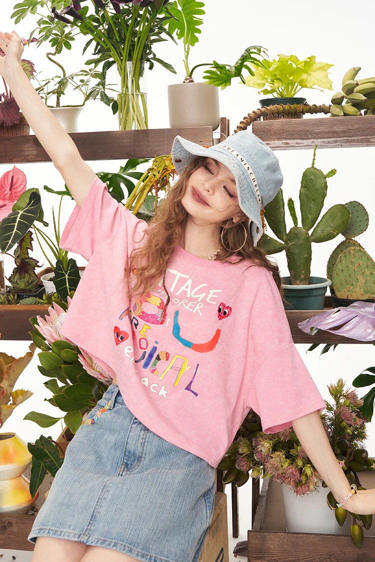 2025 Summer New Arrivals Pink Graffiti Printed Casual Short Sleeve T-Shirt For Women