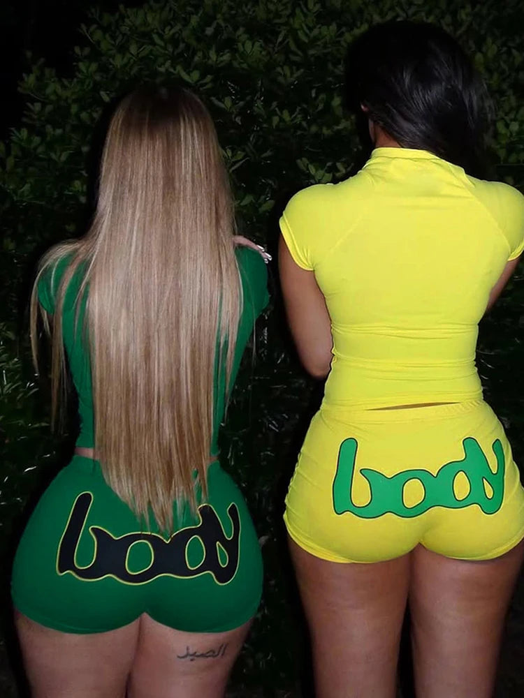 Letter Print Women2 Piece Set Casual Sporty Zip Crop Tops+Shorts Matching Streetwear Stretch Skinny Streetwear Suits