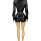 Hottie Punk PU 2-Piece Set Women Lapel Single Breasted Jacket+Zip Pocket Shorts Skinny Street Hipster Clubwear Outfits