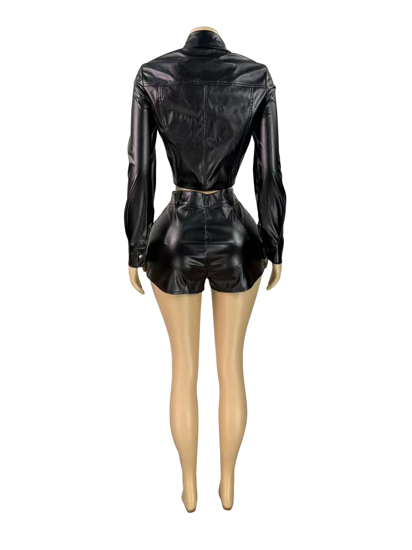 Hottie Punk PU 2-Piece Set Women Lapel Single Breasted Jacket+Zip Pocket Shorts Skinny Street Hipster Clubwear Outfits