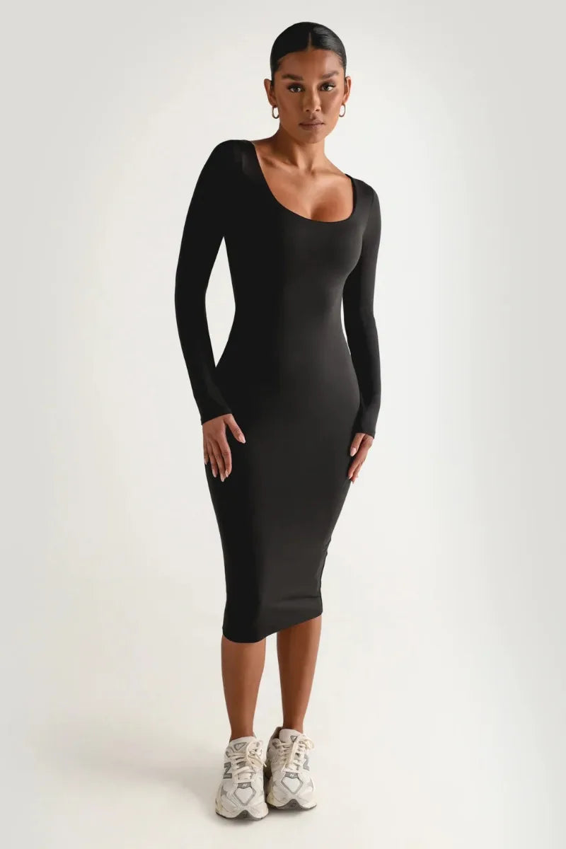 Elegant Long Sleeve Midi Pencil Dresses for Women Fall Winter Clothes Sexy Black Bodycon Dress