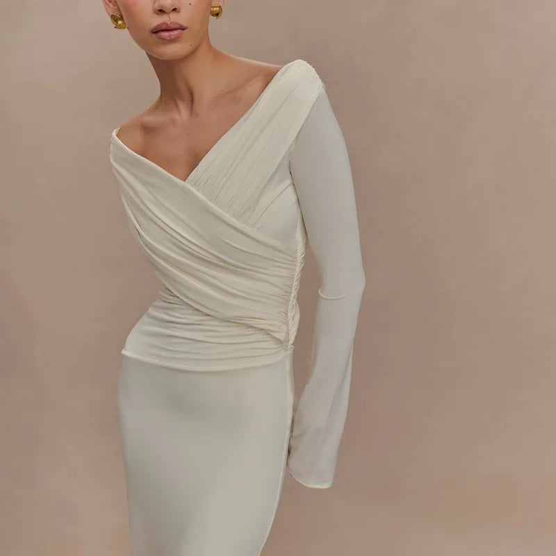 V Neck Off Shoulder Long Sleeve Maxi Dress White Elegant Dresses for Woman for Party Outfits Autumn 2025