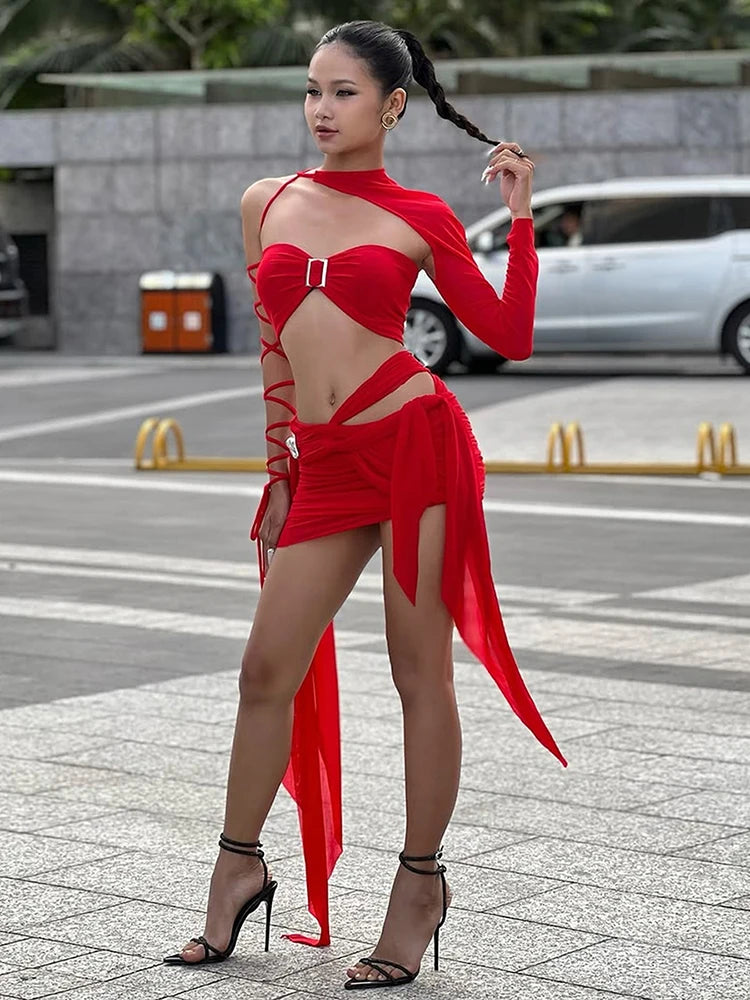 Sexy Irregular Bandage 3-Piece Set Women Chest Wrapped+Chic Sleeve+Lace-Up Skirt Matching Hottie Christmas Outfits