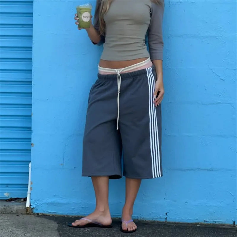 Elastic Drawstring Waist Side Stripes Cropped Seven Pants Women Loose Wide Leg Sweat Jogger Casual Street Bottoms
