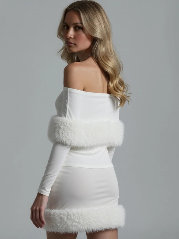 Plush Patchwork 2-Piece Set Women Slash Neck Long Sleeve t-Shirts+Elastic Waist Skirts Winter Trend Fashion Elegant Suits