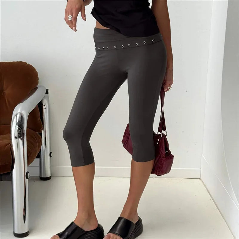 Low Rise Fold Over Studded Detail Skinny Pants Women Eyelet Waistband Capri Leggings Y2K Aesthetic Punk Streetwear