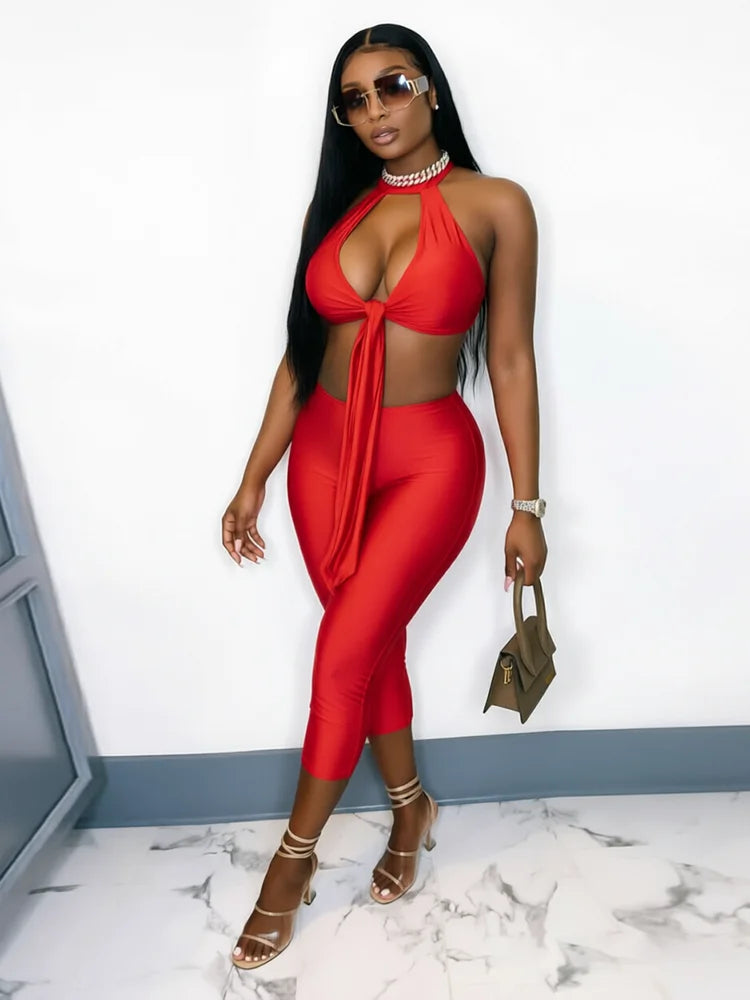 Sexy 2-Piece Set Womenmetal Ring Hollow Backless Bandage Tassel Vest+Peachy Butt Simple Short Midnight Classic Outfit