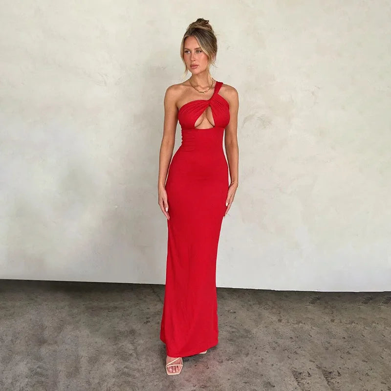 Hollow One Shoulder Backless Long Dresses for Women Elegant Sexy Summer Dress Black Red Party Outfits