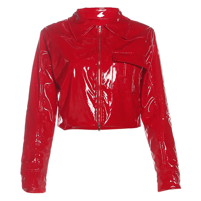 Patent Leather 2-Piece Set Women Zipper Jacket+Short Sleeve Slim Bodysuit Hip Hop Style Fashion Sexy Midnight Hottie Suit