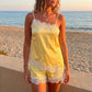 2 Piece Pajamas Sets for Women Summer Solid Sleeveless Lace Patchwork Cami Tops + Elastic Waist Shorts Loungewear
