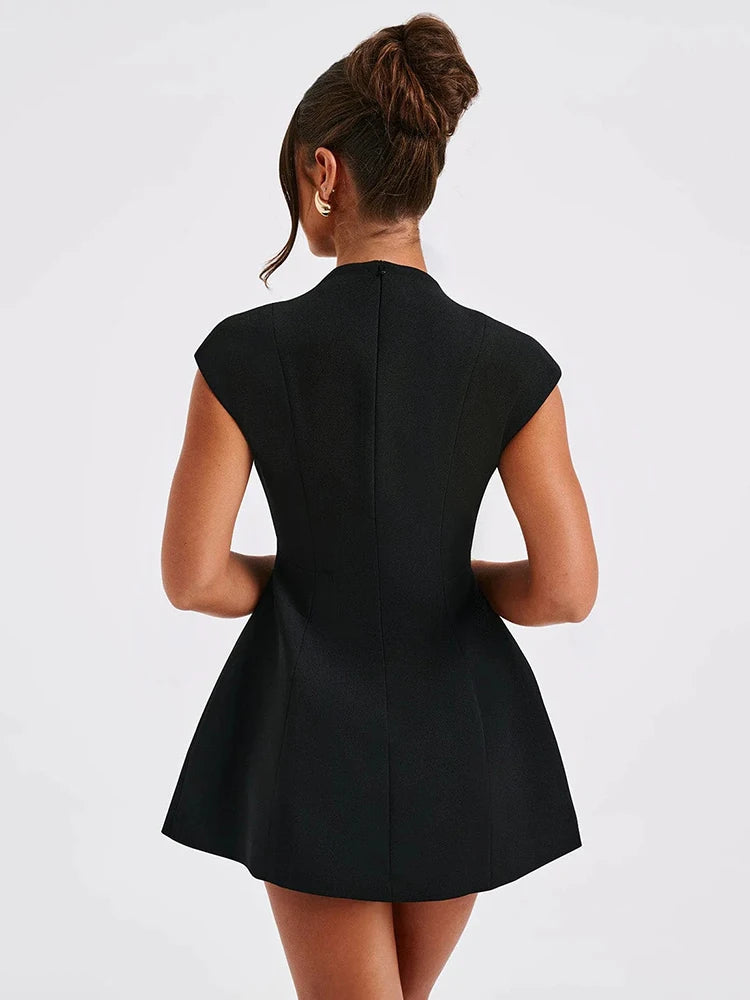 Black Sleeveless Sexy Mini Dress For Women Fashion Zipper Deep V Neck Two Pocket A-line Night Club Party Dress Elegant
