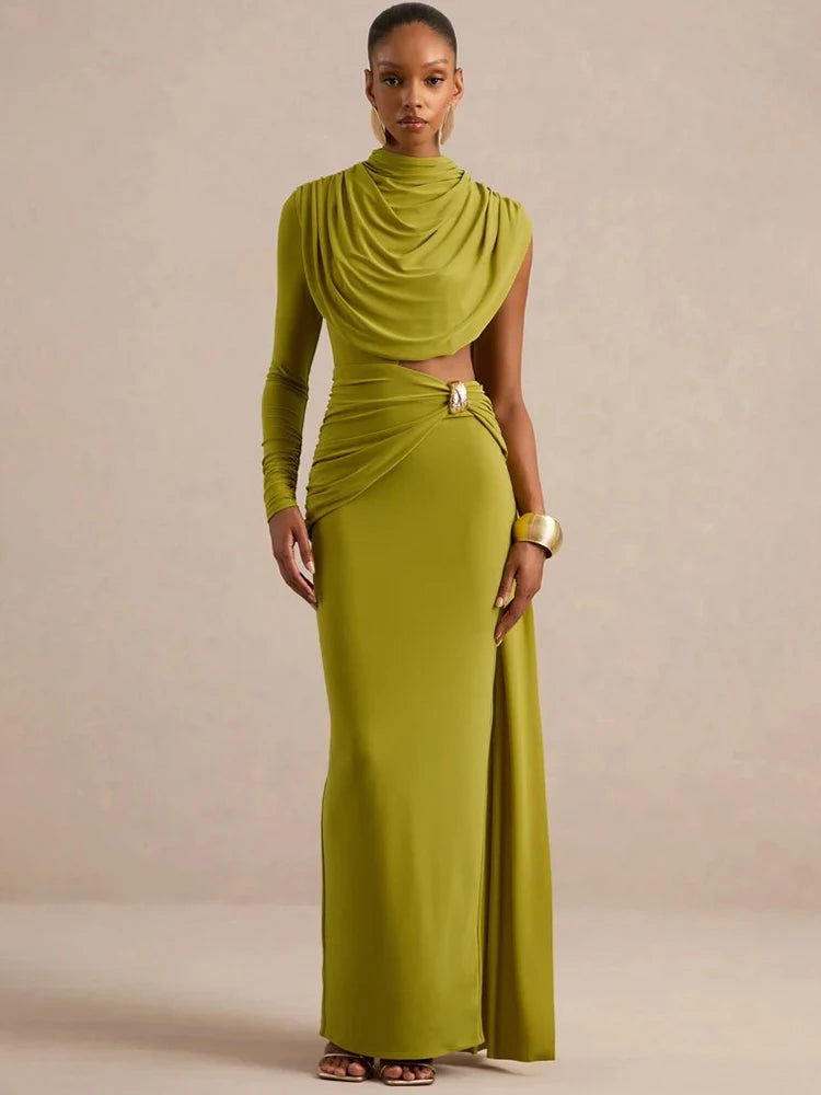 Women Draped High Neck One Long Sleeve Cutout Waist Maxi Dress Slim Backless Mermaid Formal Evening Party Dress