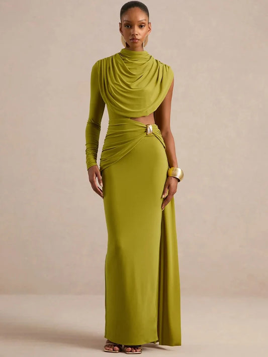 Women Draped High Neck One Long Sleeve Cutout Waist Maxi Dress Slim Backless Mermaid Formal Evening Party Dress
