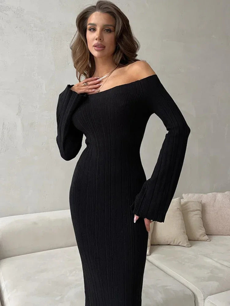 Off Shoulder Flare Sleeve Long Dresses Black Green White Knitted Elegant Dress Fall Clothes 2024 Women