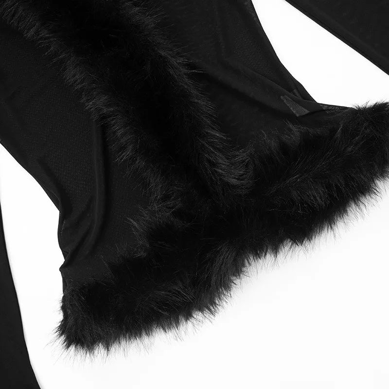 V Neck Faux Fur Collar Mesh Top Long Sleeve Sexy Shirts Fashion 2026 Woman See Through Black Tee Streetwear
