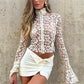 Women Y2K Sheer Lace Crop Top High Neck Floral Pattern Long Sleeve Flare Sleeve Zip Up See Through Casual Party Blouse