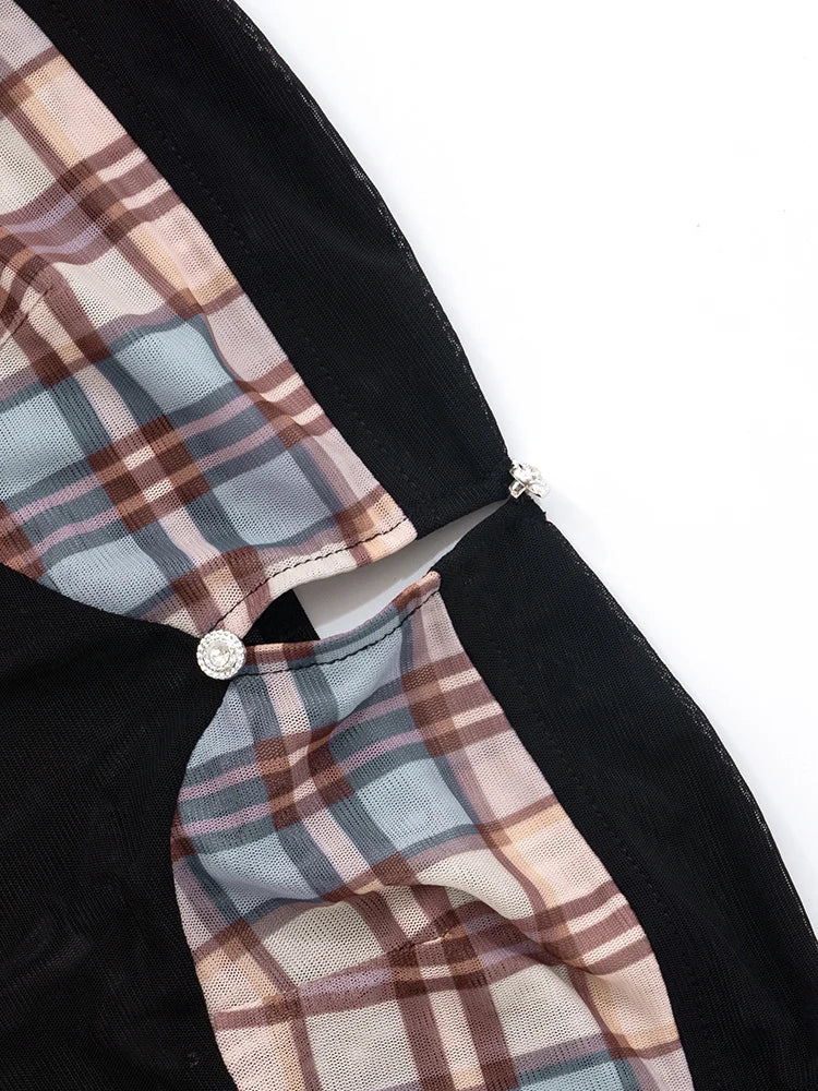 Mesh Patchwork Strapless Dress Women Plaid Print Off Shoulder Backless Hottie Street Fashion Wild Style Mini Bodycon