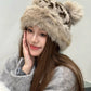 Women's Leopard Print Bear Ears Plush Hat Thick Warm Winter Cap Fashionable Earflap Bucket Hat for Ladies