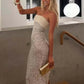 Sequined Strapless Backless Split Maxi Dress with Mesh Scarf Woman Elegant Evening Gown Party Dresses