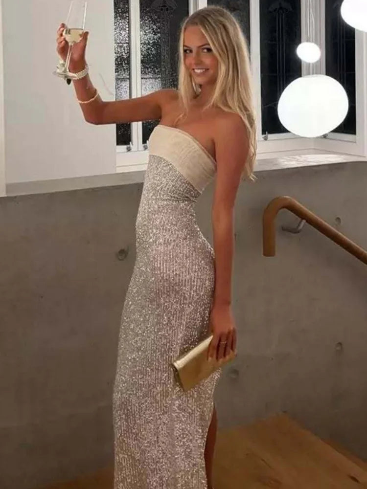 Sequined Strapless Backless Split Maxi Dress with Mesh Scarf Woman Elegant Evening Gown Party Dresses