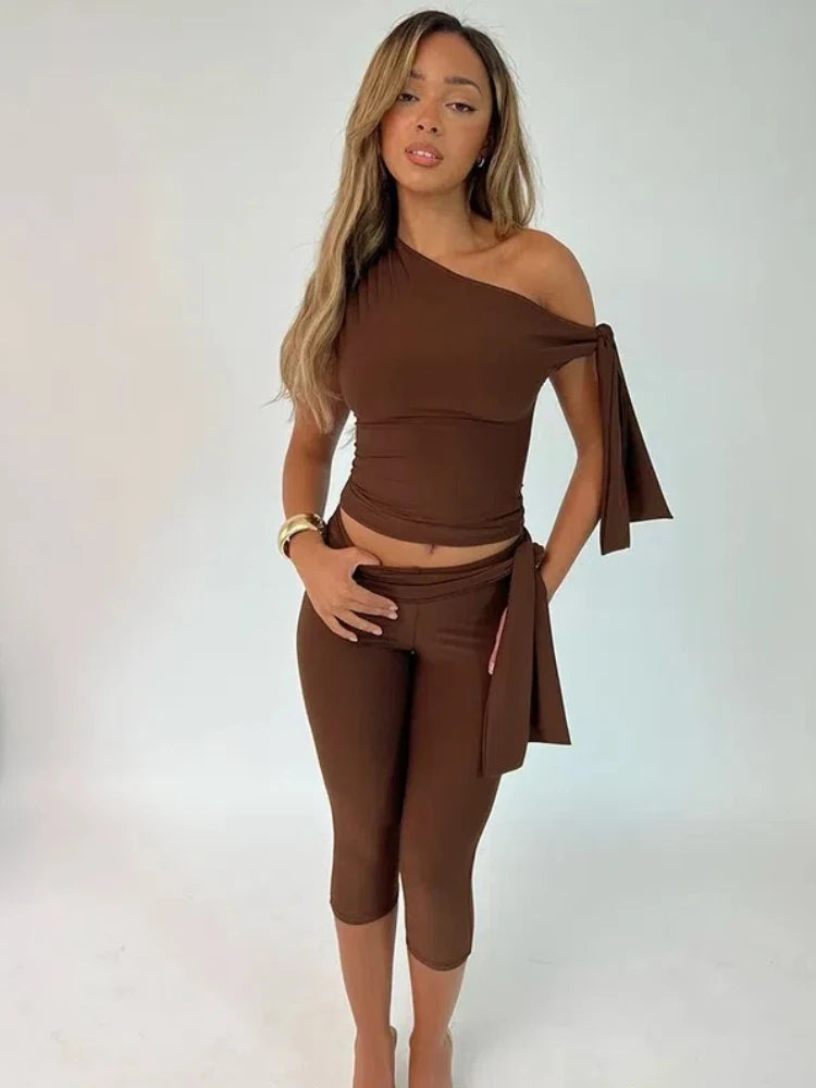 White 2 Piece Lace-up One Shoulder Top Knee Length Pant Coord Sets Women Clothing Elegant Summer Outfits