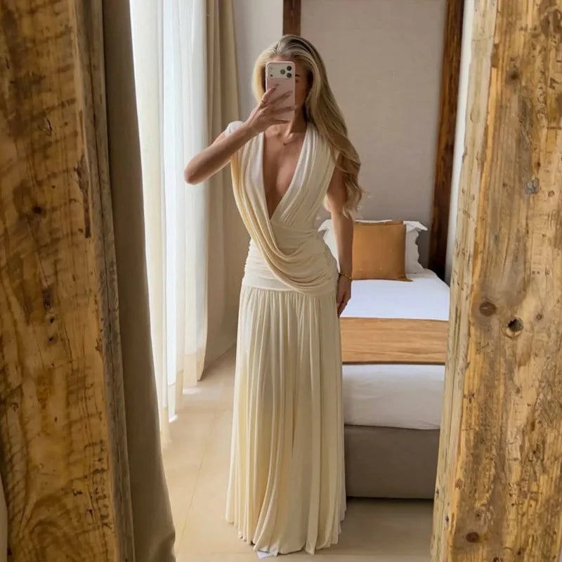 Elegant Ruched Sleeveless Deep V Neck Maxi Dress Birthday Party Dresses for Woman Clothing 2026