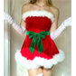 Women Strapless Santa Mini Dress Red Velvet White Faux Fur Hem Green Bow Belt Christmas Eve Party Cosplay Outfit