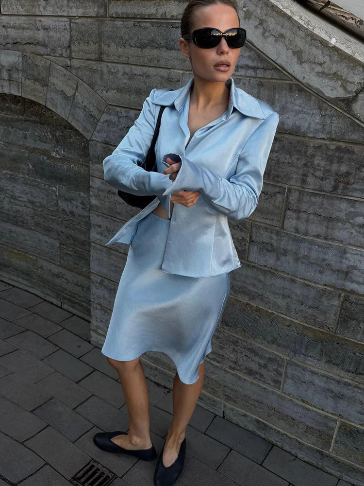 Office Style 2-Piece Set Women Lapel Single-Breasted Split Full Sleeve Shirt+Loose Skirt Satin Street Daily Suits