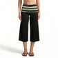 Women High Waist Fold Over Striped Waistband Cropped Wide Leg Pants Stretchy Casual Beach Yoga Capri Trousers