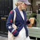 Women Shawl Collar Knit Cardigan Star Sailboat Jacquard Long Sleeve Button Pocket Retro Preppy Fall Sweater Outerwear