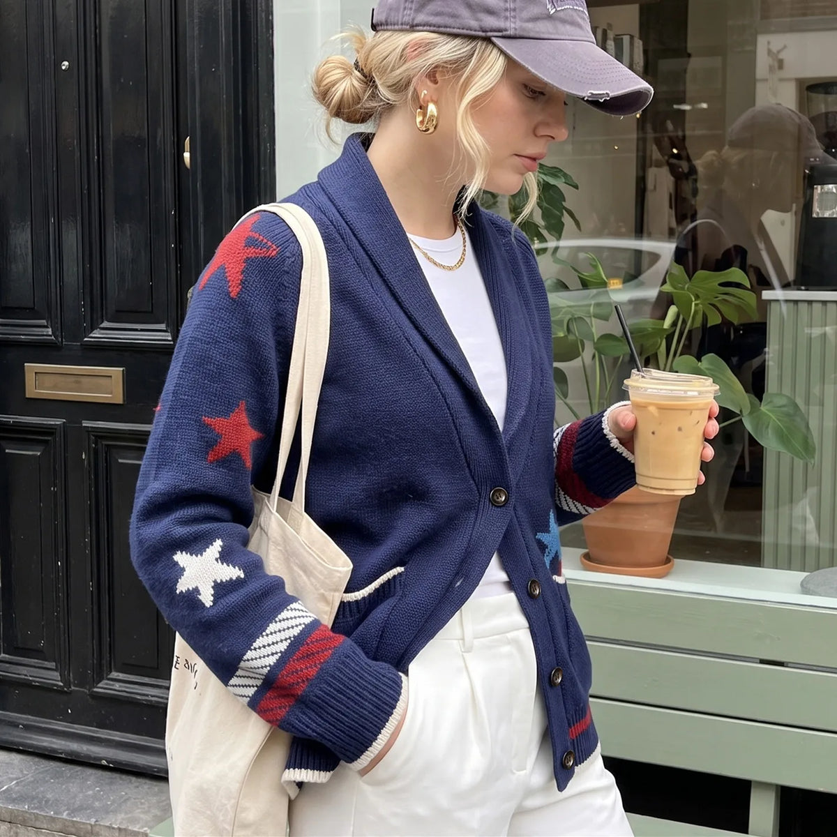 Women Shawl Collar Knit Cardigan Star Sailboat Jacquard Long Sleeve Button Pocket Retro Preppy Fall Sweater Outerwear
