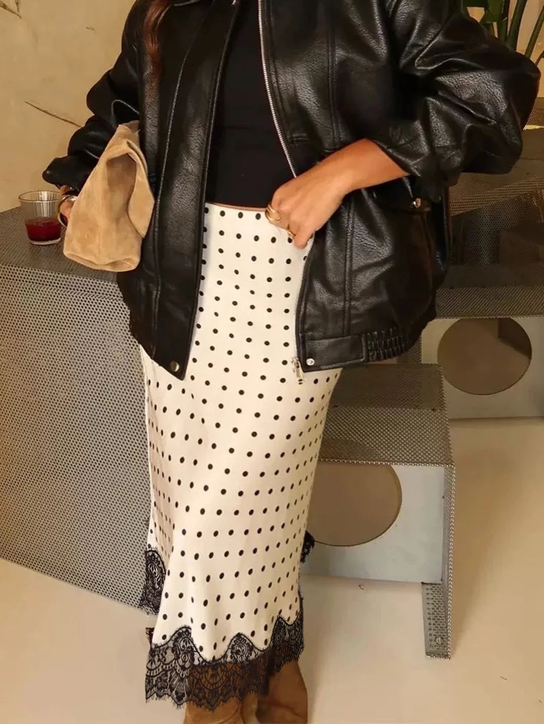 Vintage Floral Print Bodycon Long Skirt Women Polka Dot Lace Spliced Hem High Waist Mermaid Midi Skirt Casual Beachwear