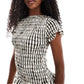 Women Gingham Plaid Smocked Blouse Short Sleeve Ruffle Trim Crew Neck Slim Fit Top Cottage Y2K Casual Summer Streetwear