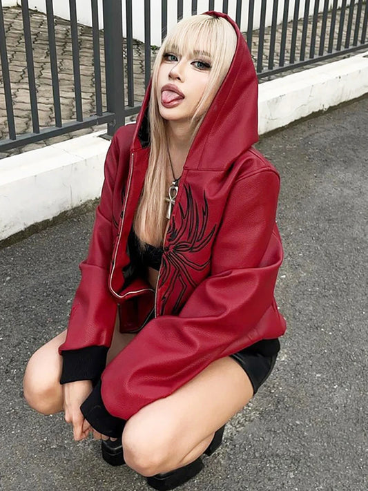 PU Hooded Jacket Women Autumn Trend Zip Spider Print Pocket Patchwork Hip Hop Punk Simple Wild Street Clubwear Coat