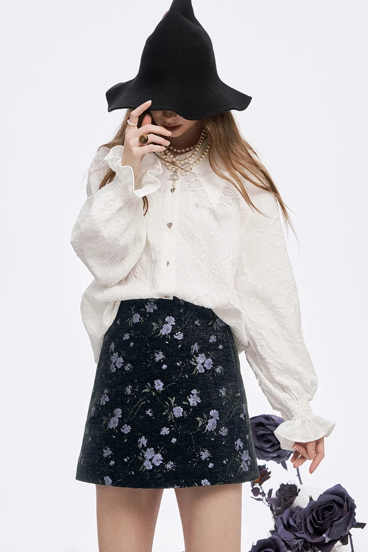 Y2K High Waist Gothic Floral A-Line Skirt Women, Black Skirt with Purple Print, Romantic Shoujo Cute Short Skirt