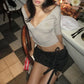 Deep V Neck Side Split Half Sleeve Crop Top T Shirts for Woman Fashion 2026 Spring Tops Female Clothes