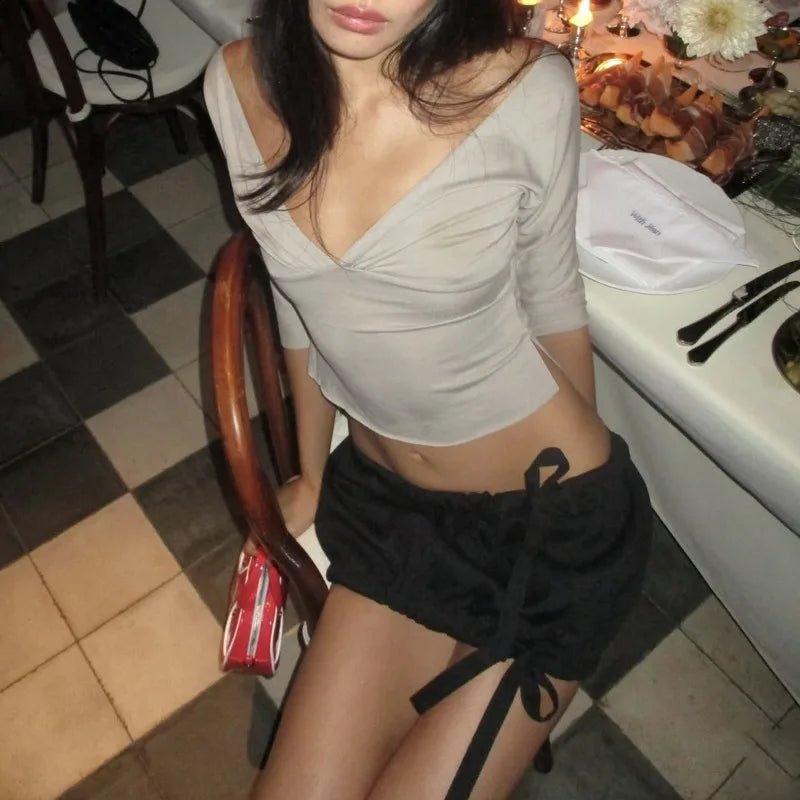 Deep V Neck Side Split Half Sleeve Crop Top T Shirts for Woman Fashion 2026 Spring Tops Female Clothes