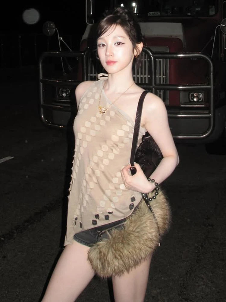 Hollow Vest Women Slanted Shoulder Skinny Sexy Irregular Hem Music Festival Hip-Hop Style Summer Classic Streetwear