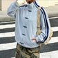 Women Chinese Frog Button Stripe Sleeve Stand Collar Oversized Suede Jacket Loose Zip Up Street Casual Track Outerwear