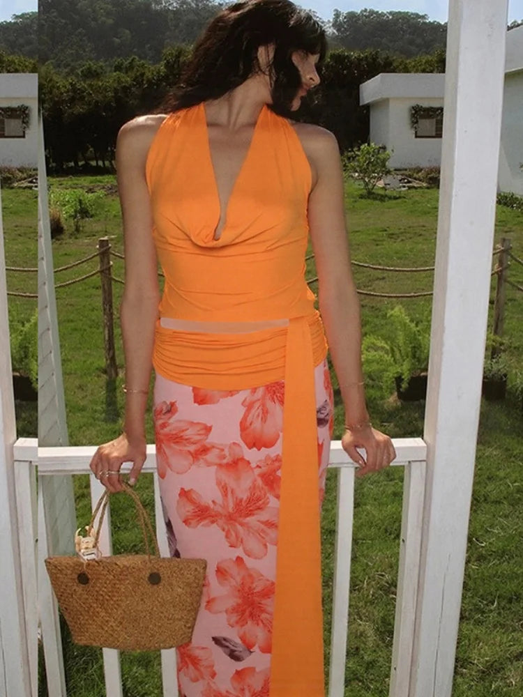 Halter Top and Floral Mesh Split Long Skirt Suit Two Piece Set Summer Resort Wear Ladies Summer Outfits