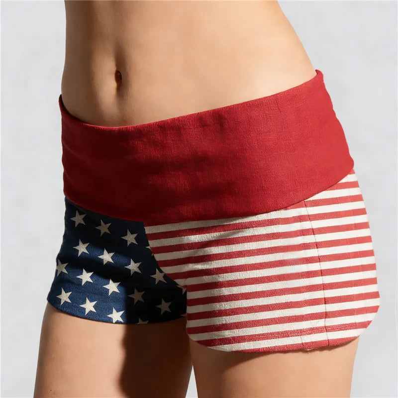 Womens Patriotic Shorts Casual Foldover Waist Stars and Stripes Print Slim Fit Shorts Streetwear Shorts Independence Day