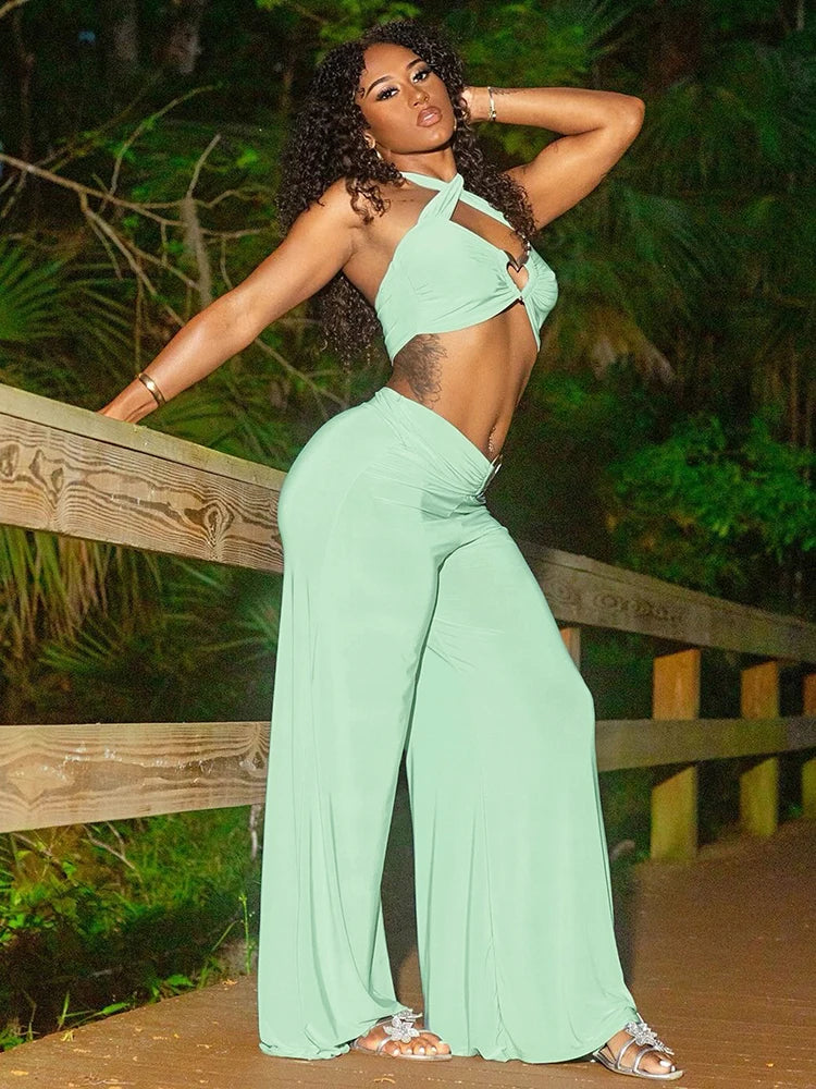 Heart Metal Patchwork 2 Piece Set Women Lace-Up Halter Low-Neck Crop Tops+Solid Wide-leg Pants Simple Casual Outfits